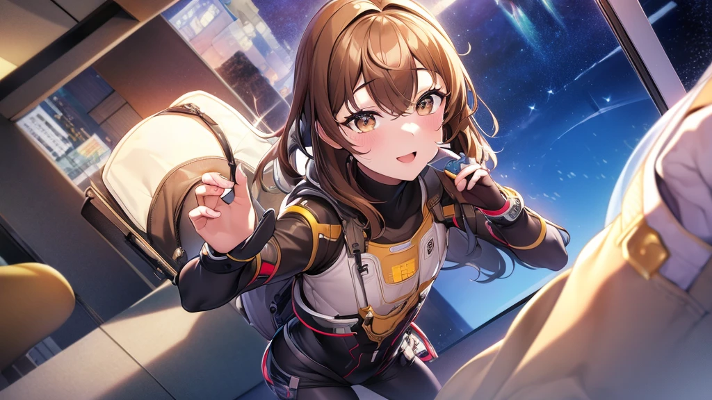 ((Highest quality)), (masterpiece)), (detailed: 1.4), 3d, An absurd solution, High resolution, (masterpiece: 1.4), 超detailed, Beautiful girl 1 person, future的な女性のイメージ, Shiny brown hair, Beautiful brown eyes, Beautiful Face, 20-year-old, Spaceship, floating, small, Spacesuit, Spaceship, window, future, Dynamic pose, Change of clothes