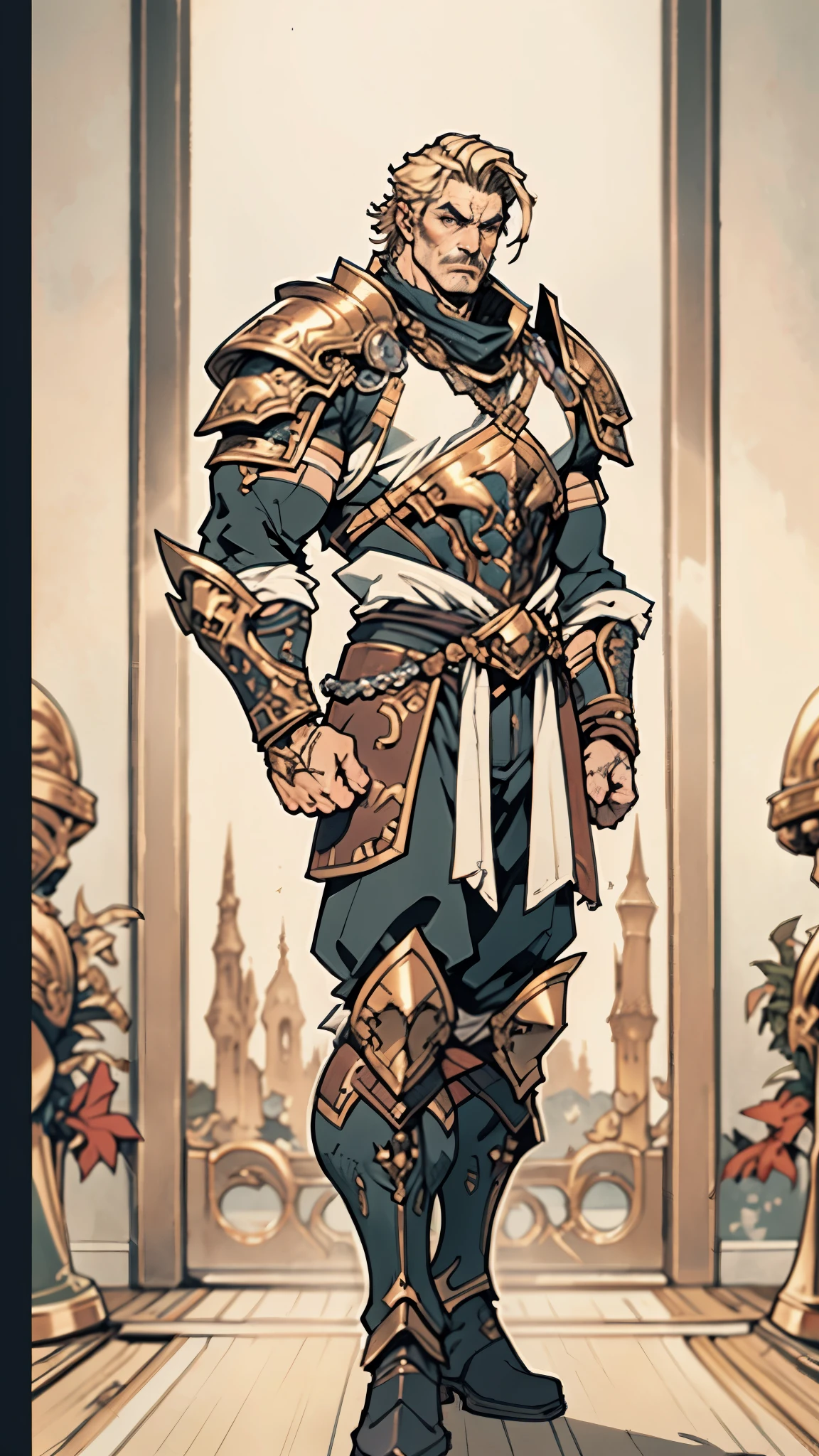 (masterpiece:1.2, best quality, extremely delicate, perspective, foreshortening, dynamic angle), a middle-aged man with slicked-back golden hair, a dignified face, deep eyes, a mustache on his upper lip, a focused expression, tall and muscular, covered in scars, fantasy-reality style warrior leather armor, ribbons tied around his arms, black iron bracers, dark cargo pants, standing guard in front of a fortress gate, this character embodies a finely crafted fantasy-realist style warrior in anime style, exquisite and mature manga art style, dramatic, high definition, highres, ultra-detailed, ultra-fine painting, professional, perfect body proportions, golden ratio, anatomically correct, symmetrical face, extremely detailed eyes and face, high quality eyes, creativity, RAW photo, UHD, 32k, Natural light, cinematic lighting, masterpiece-anatomy-perfect