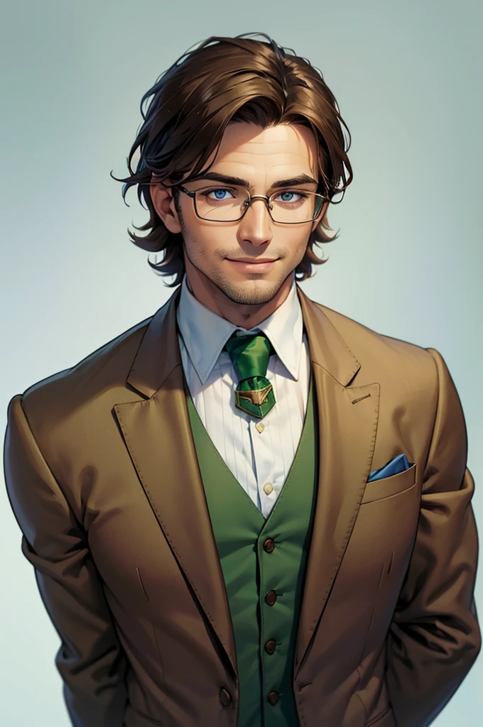 portrait of a handsome man with fluffy dark brown hair with light brown highlights, green suit with white shirt and brown tie, white background, dark 5 o'clock shadow, stands still, muscular, smiling, 1man, male focus, solo, looking at viewer, short hair, man, light blue eyes, white background, green suit, square jaw, square glasses