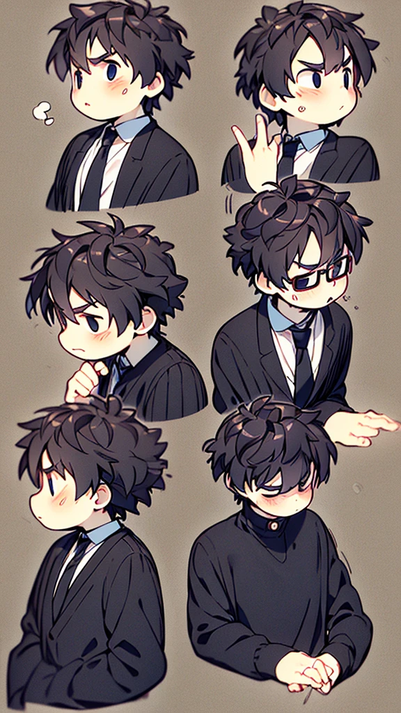 Man with glasses, black hair, black suit with small white stripes, and red tie, 9 emojis