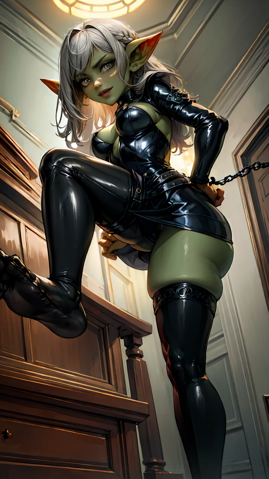 masterpiece, absurdres, 4k, (green skin), small pointy ears, portrait goblin woman psychiatrist, wearing ornate leather catsuit, wearing silk pantyhose, posing with a whip, dynamic pose, wide stance, jewelry, medium breasts, sly smile, ((long silver hair)), volumetric lighting, grey eyes, ambient lighting, dimly lit, sexy lighting, cinematic still, sexy, dangerous, turned on, whips and chains in background, pov floor, stepping on viewer, stepping on camera, very low pov, foot in face, FFA, from below, leg up, sole, feet, looking at viewer