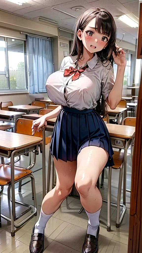 Cinema Lighting、Highest quality、Photo taken from outside the classroom、Girl in classroom、(Kitagawa.Marine)high school girl、Navy blue pleated skirt、Striped panties、、Spread your legs、Sweat、Super huge breasts、Stand near the window、Press your chest against the glass of the classroom window、