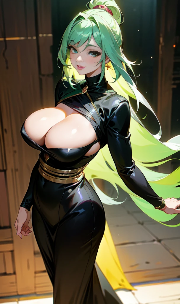 40-year-old woman with large breasts wearing a black costume from an ancient era while walking with a slight smile on her face with her lips covered in lipstick while her light green eyes shine,anime styling