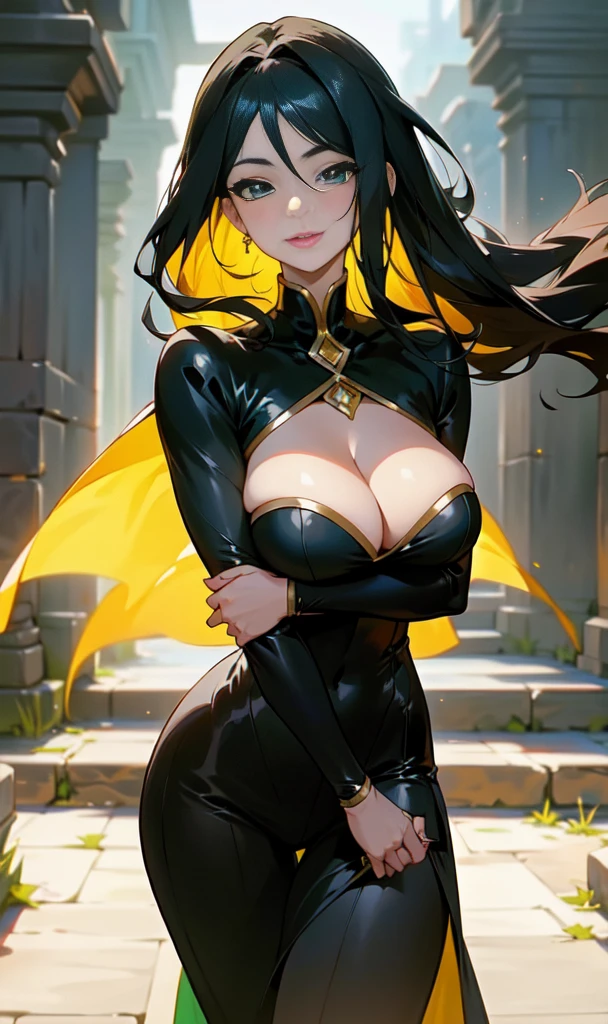 40-year-old woman with large breasts wearing a black costume from an ancient era while walking with a slight smile on her face with her lips covered in lipstick while her light green eyes shine,anime styling