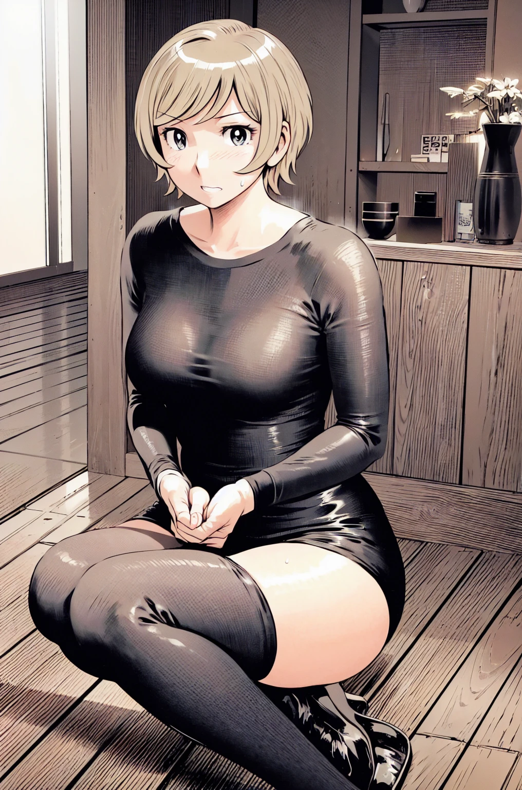 、(masterpiece、Highest quality)、Highest quality, Ultra-high resolution, (((masterpiece))), alone, Sweat、Big eyes,office、 dress shirt、Tight black suit、Tight black pants、indoor、Composition from the front、(Cut the back hair short、short hair、blonde、woman)、Shortcuts、Embarrassed face、Cut your hair short、可愛いwomanの子、Big Breastshair、Face to face、Composition from the front、View your viewers