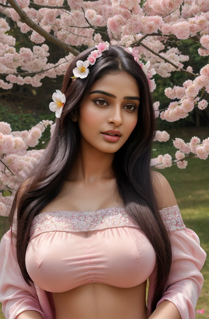 highest quality, masterpiece, ultra high resolution, (realistic:1.4), Raw photo, cute beautifull girl, indian best beautiful women, 24 years old, xxl size breast, beautiful face、off shoulder, beautiful silky smooth long hair binding, wearing beutiful colour tee-shirt, modeling a beautiful place like Kashmir flower tree 