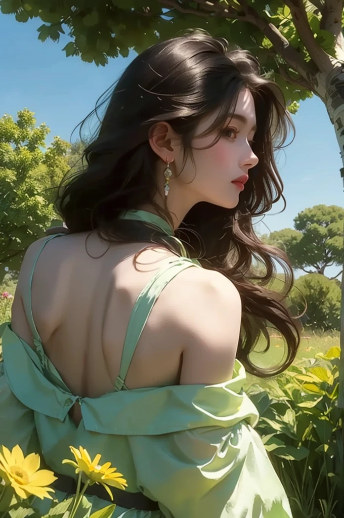 A girl with long black curly hair sits under a big tree，With your back against the trunk，Looking into the distance，In the flowers