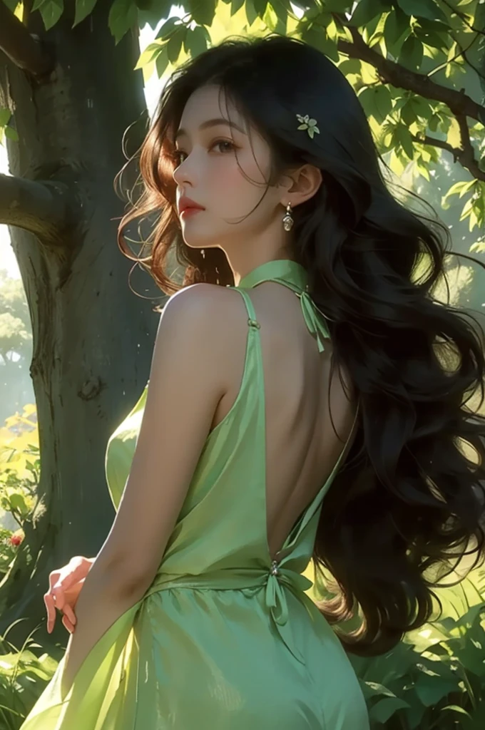 A girl with long black curly hair sits under a big tree,With your back against the trunk,Looking into the distance,In the flowers