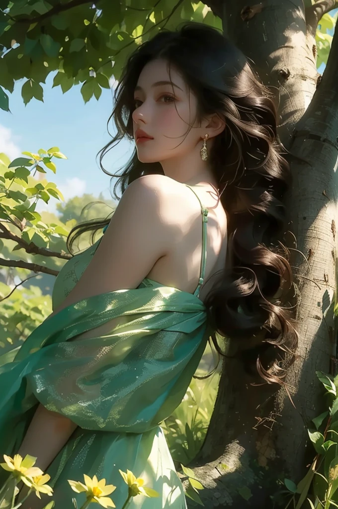 A girl with long black curly hair sits under a big tree，With your back against the trunk，Looking into the distance，In the flowers