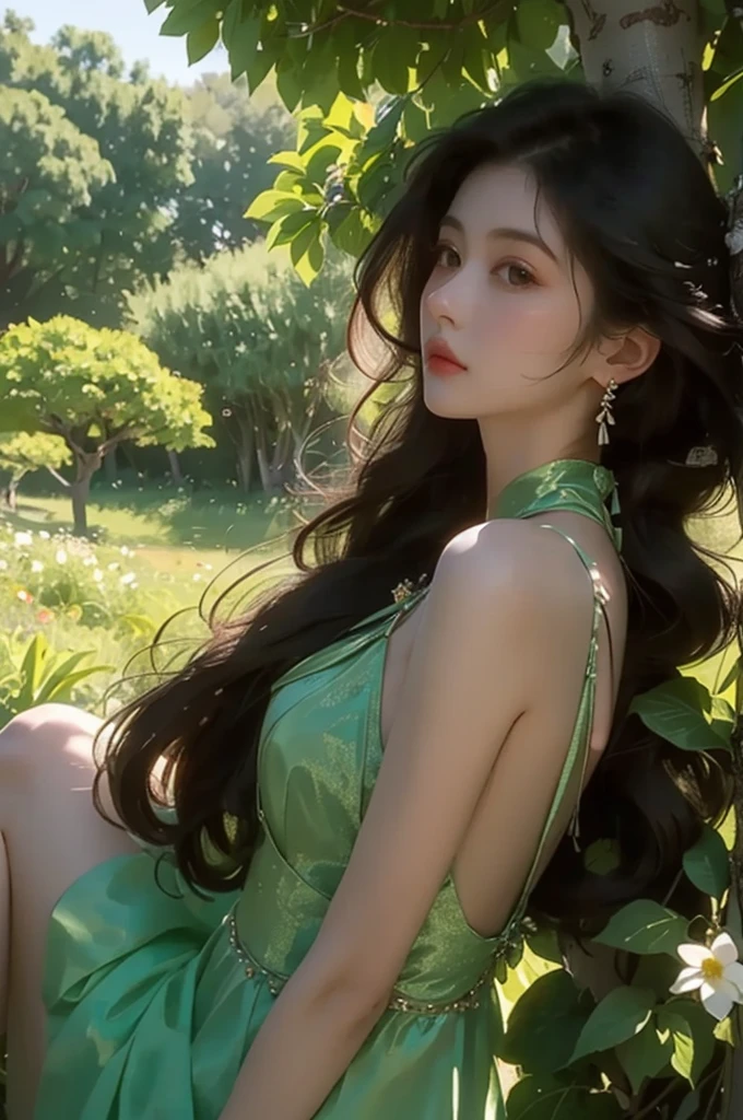 A girl with long black curly hair sits under a big tree,With your back against the trunk,Looking into the distance,In the flowers