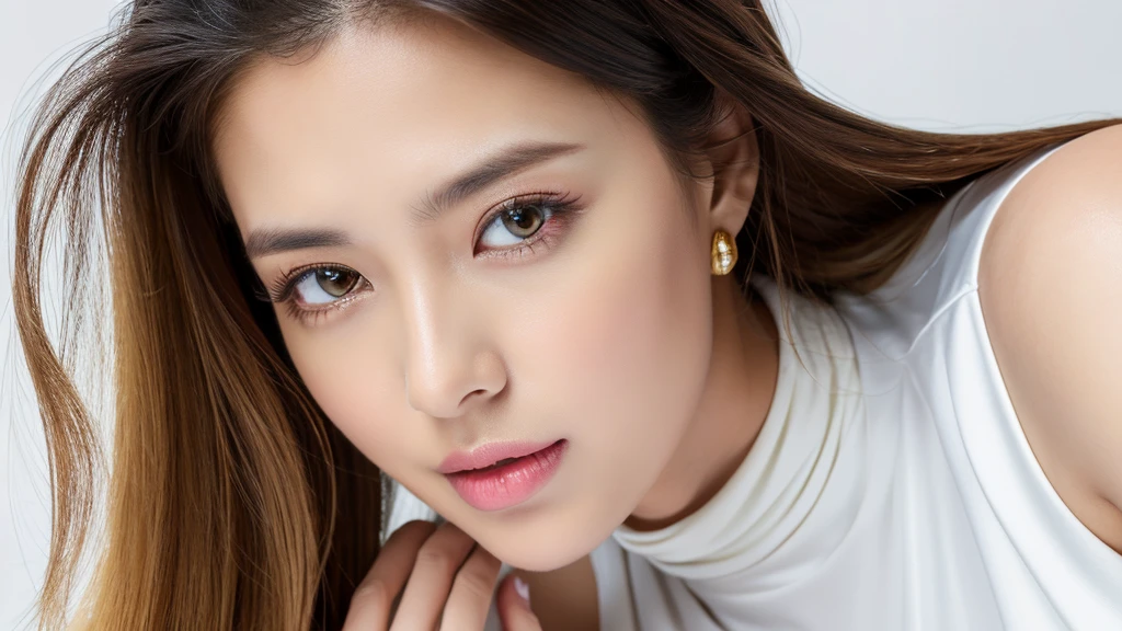 precious metal and female,(detailed face),VIVID,pretty,sleeveless and turtle neck white silky clothes,4k ,super high resolution ,(photo-realistic: 1.7), white background,black long hair,