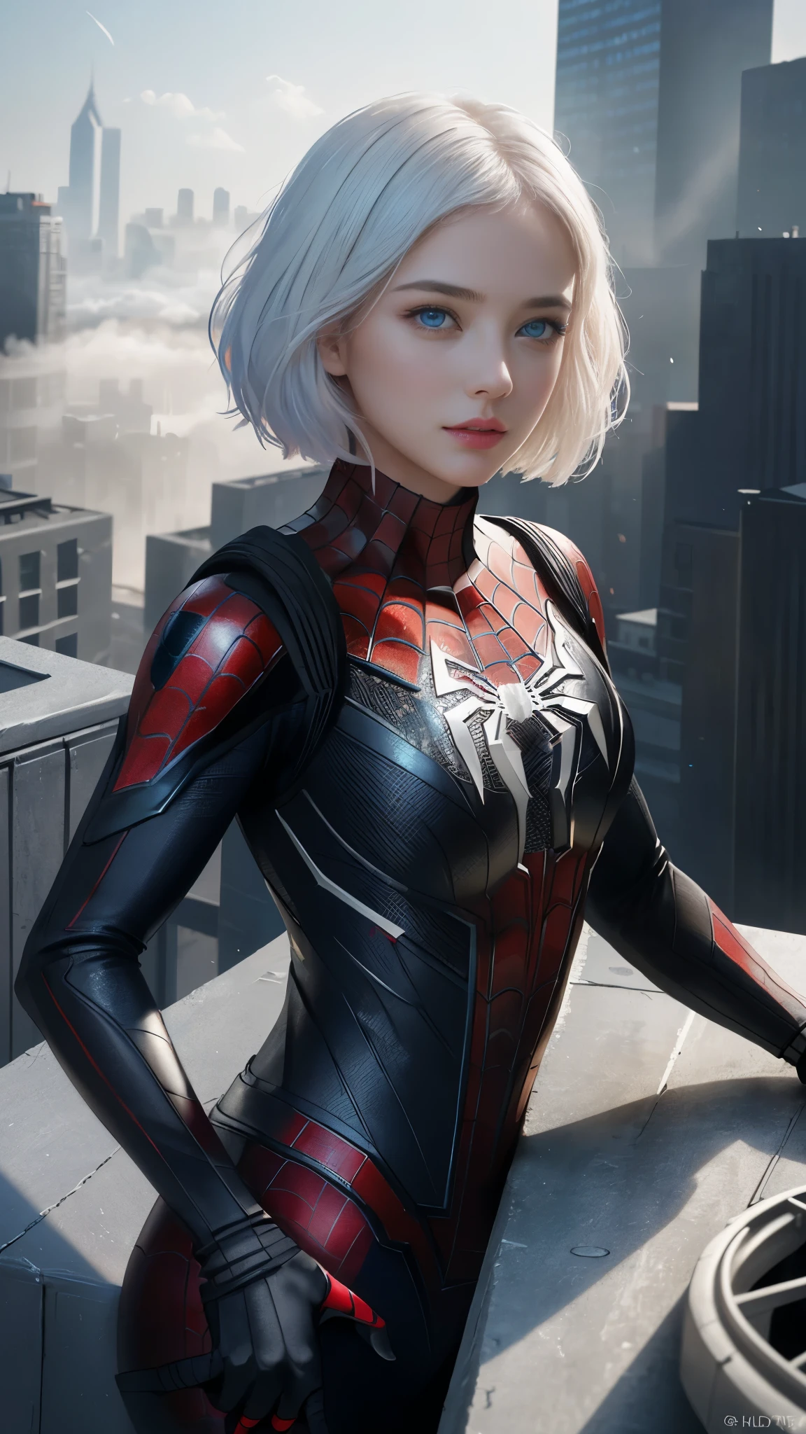 (1girl:1.3), Solo, (((Very detailed face)))), ((Very detailed eyes and face)))), Beautiful detail eyes, Body parts__, Official art, Unified 8k wallpaper, Super detailed, beautiful and beautiful, beautiful, masterpiece, best quality, original, masterpiece, super fine photo, best quality, super high resolution, realistic realism, sunlight, full body portrait, amazing beauty, dynamic pose, delicate face, vibrant eyes, (from the front), She wears Spider-Man suit, red and black color scheme, spider, very detailed city roof background, rooftop, overlooking the city, detailed face, detailed complex busy background, messy, gorgeous, milky white, highly detailed skin, realistic skin details, visible pores, clear focus, volumetric fog, 8k uhd, DSLR, high quality, film grain, fair skin, photo realism, lomography, futuristic dystopian megalopolis, translucent, eyes looking at the camera, big tits , short hair,white hair , ,