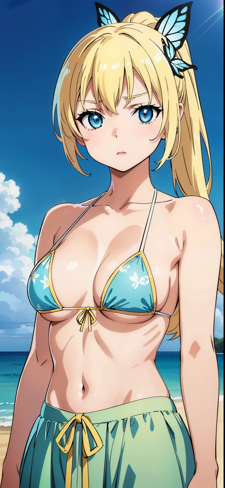 Seina Kashiwazaki, 1girl in, a blond, ponytail, butterfly hair ornament, (medium ), Light blue micro , (upper body:1.5), sand beach