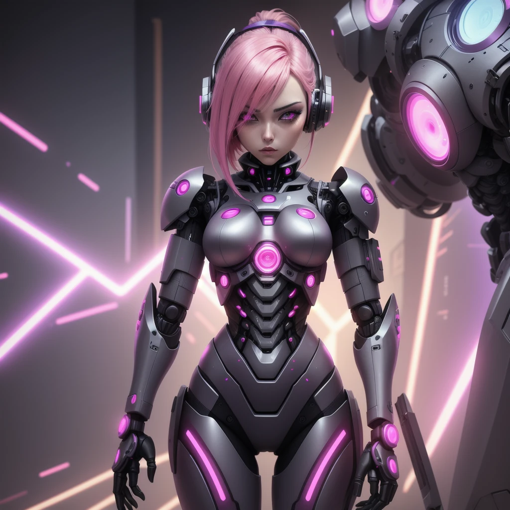 Robot Girl Android Sad Woman Beautiful sexy girl Cyborg Sadness Anime Style Background pink purple Cyberpunk black robot costumes with yellow elements Space city pink hair Lower human body skin