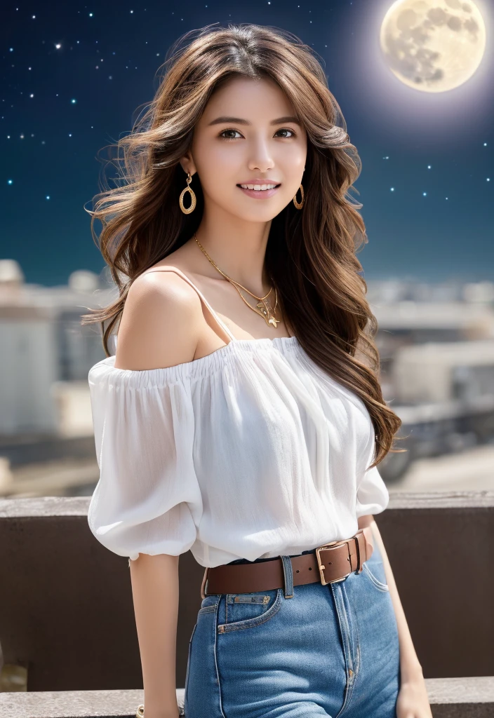 (Masterpiece:1.3), High resolution, Super detailed, Highly detailed CG Unity 8K wallpaper, Real, フォトReal, RAW Photos, Beautiful detailed face, Fair skin, Realな輝く肌, Detailed cloth texture, Detailed hair texture, Perfect Style, Beautiful Face, correct, Anatomically correct, Highly detailed face and skin texture, Natural neck length, (Wet body、Wet Hair:1. 1)、BREAK 細かい目、Symmetrical eyes、Brown eyes、double eyelid、Thin eyebrows、(Sexy lips:1.3)、(A happy smile:1.2)、(blush:1.2)BREAK、(Innocent and cute girl:1.3)、(Wearing an off-the-shoulder white blouse:1. 4))、(Gold buckle belt)、(Skinny jeans:1.2)、(Cross strap high heels:1.2)、(necklace、bracelet)、(Thin hoop earrings)、(Pinky ring)、(Beautiful blue nails:1.2)、Layered Hairstyles、(Brown Hair:1.2)、(Wavy Hair:1.2)、Medium Long Hair、(Large Breasts、Firm breasts、Beautifully shaped breasts:1. 1), (whole body:1.3), BREAK, ((Stand close by:1.4)), ((look up:1.2)), ((up:1.2)), (Focus on the face:1.2), (From above:1.2), (Outside on a stylish beachside terrace), ((A night sky full of stars and a big, shining full moon:1.3))、