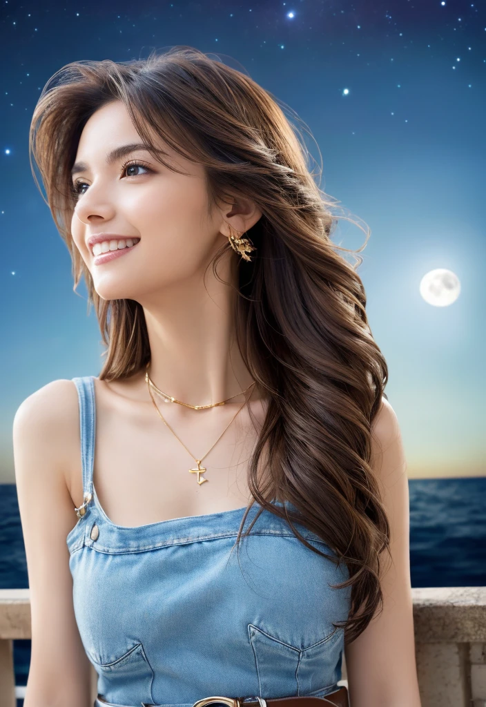 (Masterpiece:1.3), High resolution, Super detailed, Highly detailed CG Unity 8K wallpaper, Real, フォトReal, RAW Photos, Beautiful detailed face, Fair skin, Realな輝く肌, Detailed cloth texture, Detailed hair texture, Perfect Style, Beautiful Face, correct, Anatomically correct, Highly detailed face and skin texture, Natural neck length, (Wet body、Wet Hair:1. 1）、BREAK 細かい目、Symmetrical eyes、Brown eyes、double eyelid、Thin eyebrows、（Sexy lips：1.3）、（A happy smile：1.2）、（blush：1.2）BREAK、（Innocent and cute girl：1.3）、（Wearing an off-the-shoulder white blouse：1. 4))、(Gold buckle belt)、(Skinny jeans:1.2)、(Cross strap high heels:1.2)、(necklace、bracelet)、(Thin hoop earrings)、(Pinky ring)、(Beautiful blue nails:1.2)、Layered Hairstyles、(Brown Hair:1.2)、(Wavy Hair:1.2)、Medium Long Hair、(Large Breasts、Firm breasts、Beautifully shaped breasts:1. 1), (whole body:1.3), BREAK, ((Stand close by:1.4)), ((look up:1.2)), ((up:1.2)), (Focus on the face:1.2), (From above:1.2), (Outside on a stylish beachside terrace), ((A night sky full of stars and a big, shining full moon:1.3))、