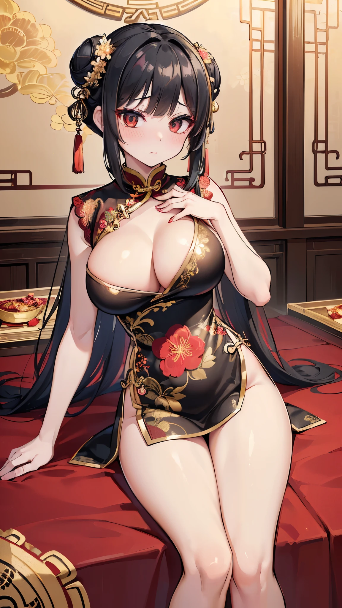 ((masterpiece))),(((Super detailed))),(((In 8K))),(((Black Hair))),((Red eyeliner)),alone,Beautiful detailed black eyes,A double bun with a sparkling hair accessory,Slender body,((Large Breasts)),((Embarrassed)),Beautiful posture,((Mini cheongsam with slits)),(((Red with gold embroidery,Very delicate floral pattern))),Alluring cleavage,Beautiful thighs,,(((Chinese Restaurant))),(Depth of written boundary)