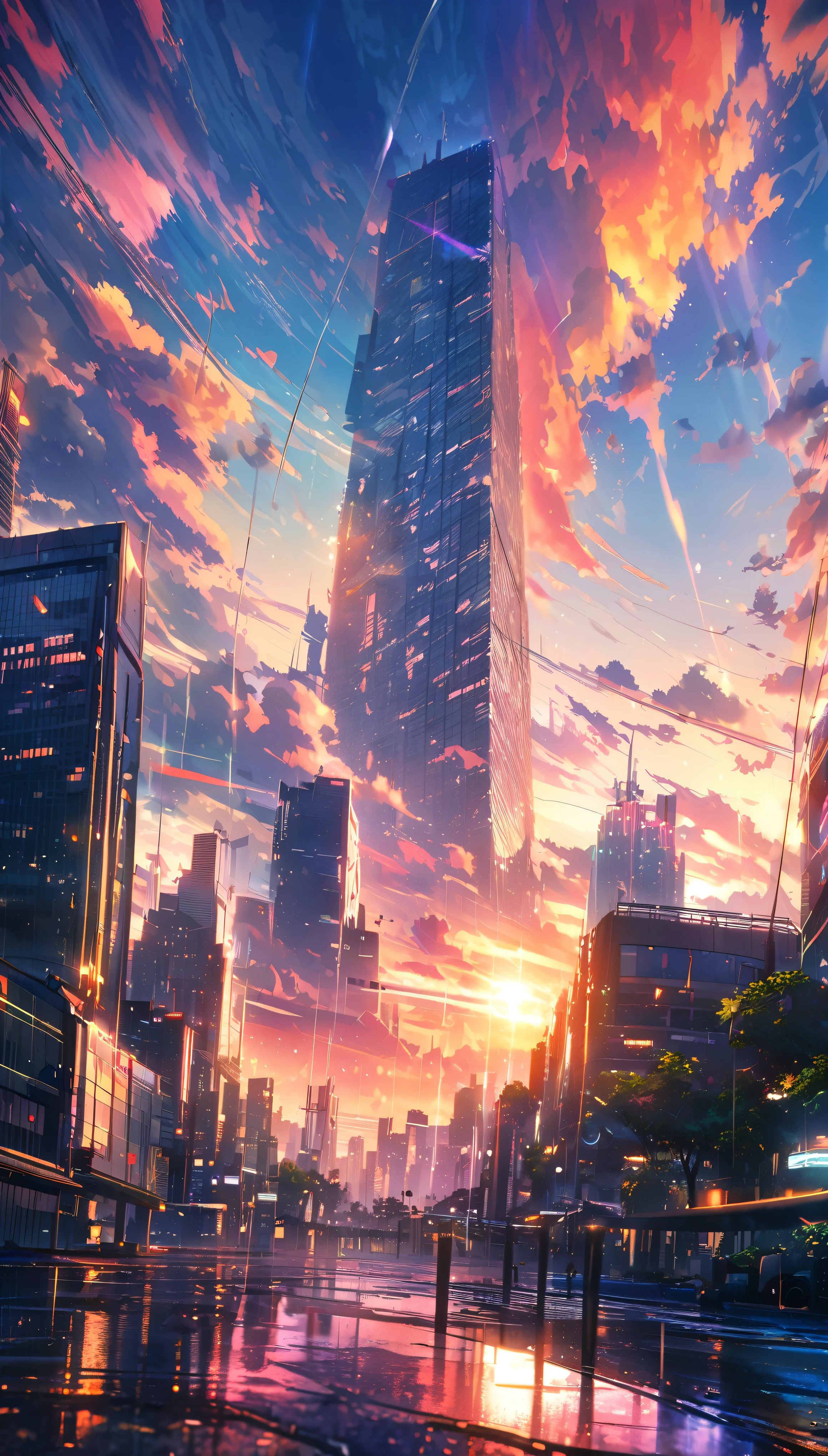 scenery, ultra detailed, super delicate, sunrise, bright, after rain, horizon, in the sky, city, skyscraper , lens flare, colorful, High resolution, 8K
