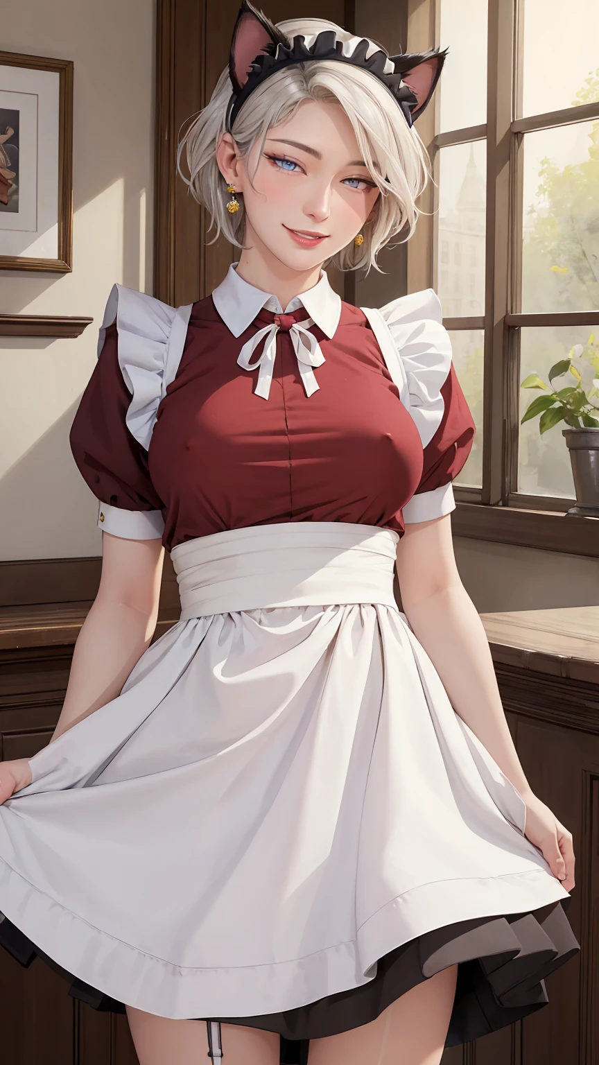 ((((masterpiece, Highest quality, High resolution)))), Extremely detailed 8K, Beautiful girl with a voluptuous body, (Ultra HD, Super detailed, Very detailed, Very realistic, Ultra-realistic, Photo Real), (One girl:1.5), (Realistic white hair), (Short Wavy Hair, hair ornaments, Earrings), (Dynamic pose), To the camera, View your viewers, (blush, Embarrassing, smile), (Purple eyes, Sharp eyes), (Firm breasts:1.2), (Beautifully detailed face, Beautiful attention to detail), ((Maid clothes, Maid Apron, Cat Ear Headband)), (detailed pussy), Sweat, shine, (Sunbeam, sunlight), coffee shop, ((Highest quality、High resolution))、Portraiture、Perfect body、Beautiful and bountiful breasts、Sexually excited expression、((throw、maid shows pussy))、Love Juice、I'm inviting you to have sex,(nsfw)