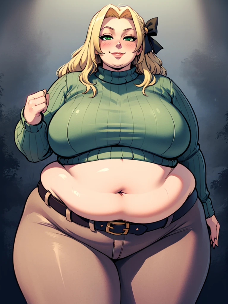 high_aesthetic,art by Lazorchef, ((Masterpiece, best quality, perfect lighting, amazing shading)), perfect anatomy, field of depth, extremely beautiful, long blonde hair, hair ribbons, green eyes, ribbed sweater, pantyhose, cute smile, ((immobile)), (wide_hips), [belt], blushing, (cowboy shot), (cute pose), simple background