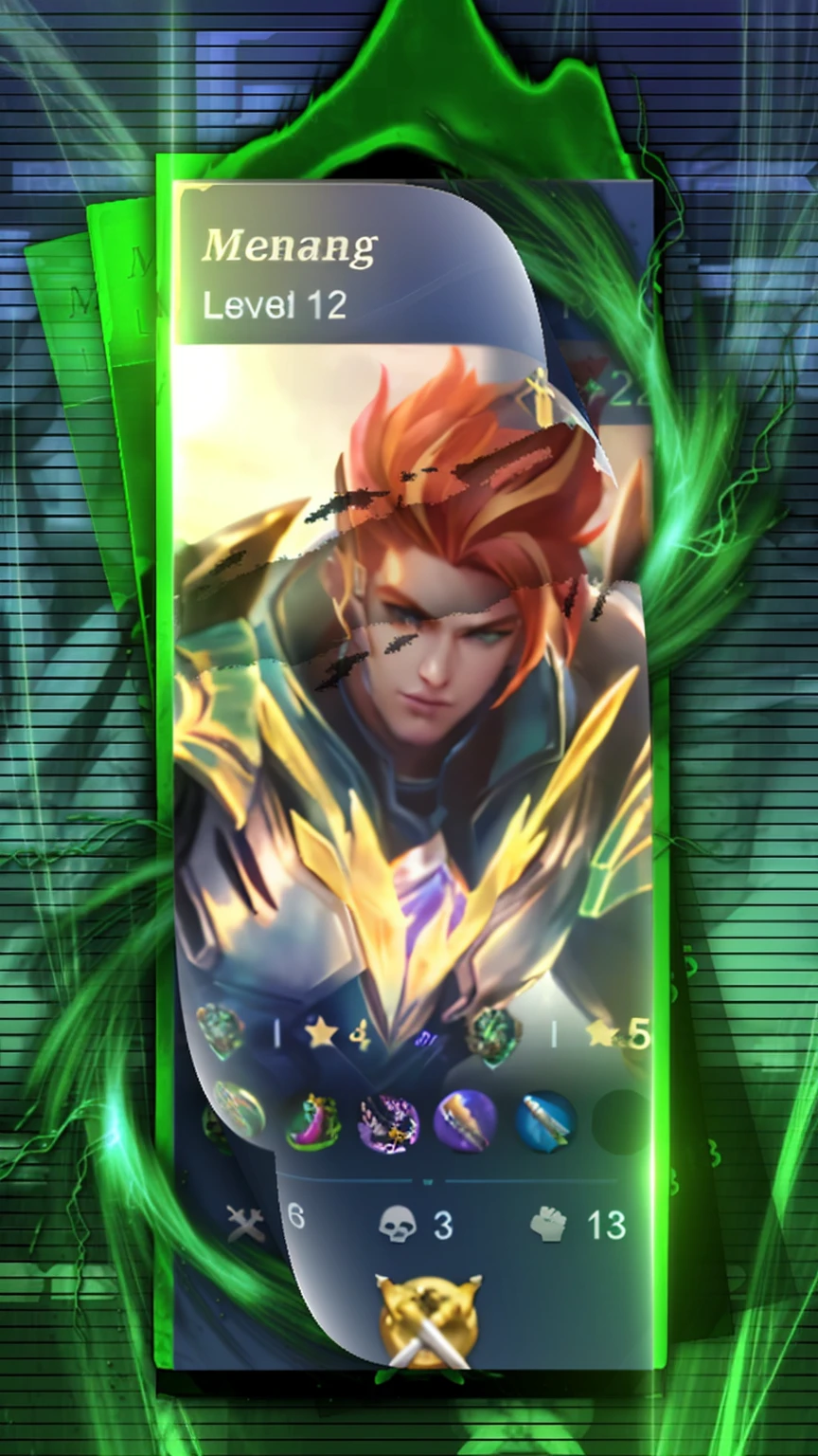 a close up of a card with a picture of a person on it, epic battle screen of hero, inspired by Huang Shen, android mystic, mobile legends, inspired by Leona Wood, kda, tane skin, geeen skin, inspired by Yang Jin, genji, arcane jayce, arcane art style, mobile game style, album art