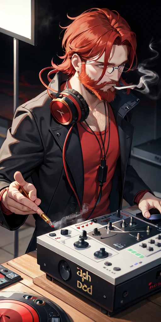 DJ with red hair, golden eyes, beard, smoking a cigarette, wearing oil tycoon clothes with headphones around his neck