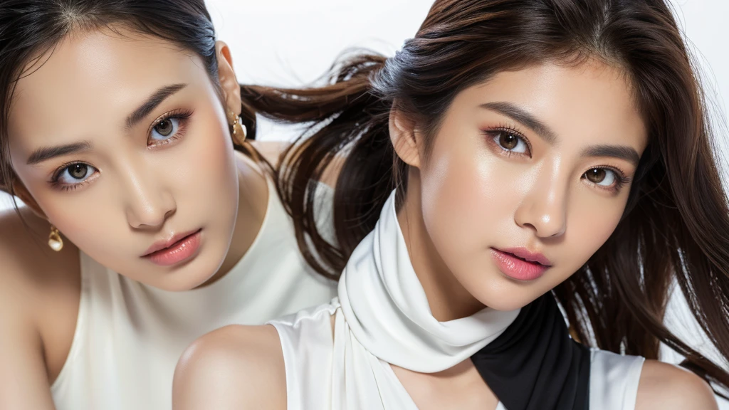 precious metal and female,(detailed face),VIVID,pretty,sleeveless and turtle neck white silky clothes,4k ,super high resolution ,(photo-realistic: 1.7), white background,black long hair,