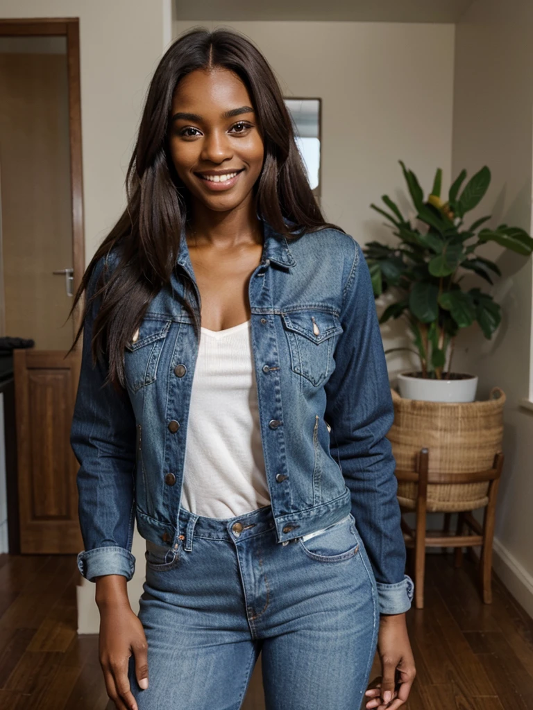 brown skin woman with long brown hair wearing a denim blue jeans jacket, happy smile, home, black skin, model pose, selfie