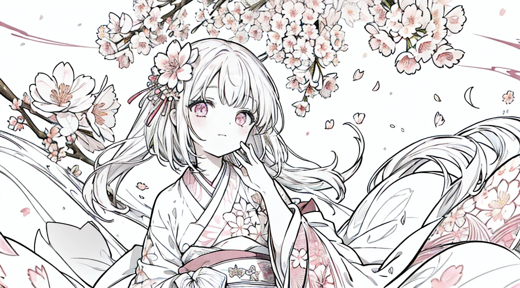 {{{masterpiece}}}, best quality, {extremely detailed}, ink splashing, sakura, sakura, {{{{{{{sakura surrounded}}}}}}}, sakura, flower, blossom, young girl, two side up, kimono, dress flowers, wind, white background, {{2d}}