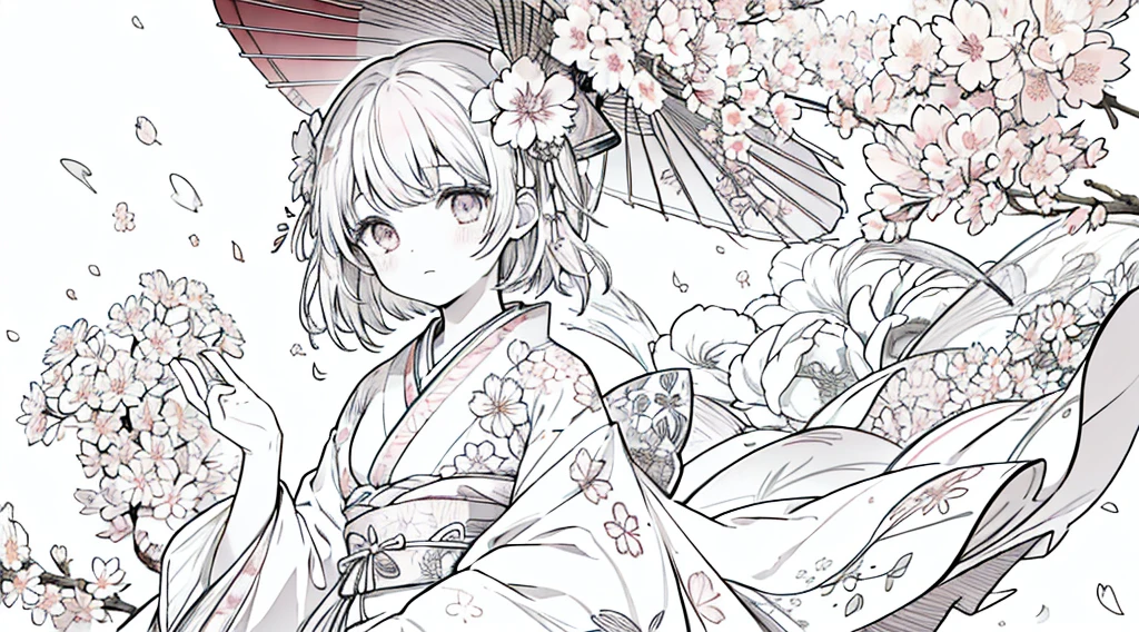 {{{masterpiece}}}, best quality, {extremely detailed}, ink splashing, sakura, sakura, {{{{{{{sakura surrounded}}}}}}}, sakura, flower, blossom, young girl, two side up, kimono, dress flowers, wind, white background, {{2d}}