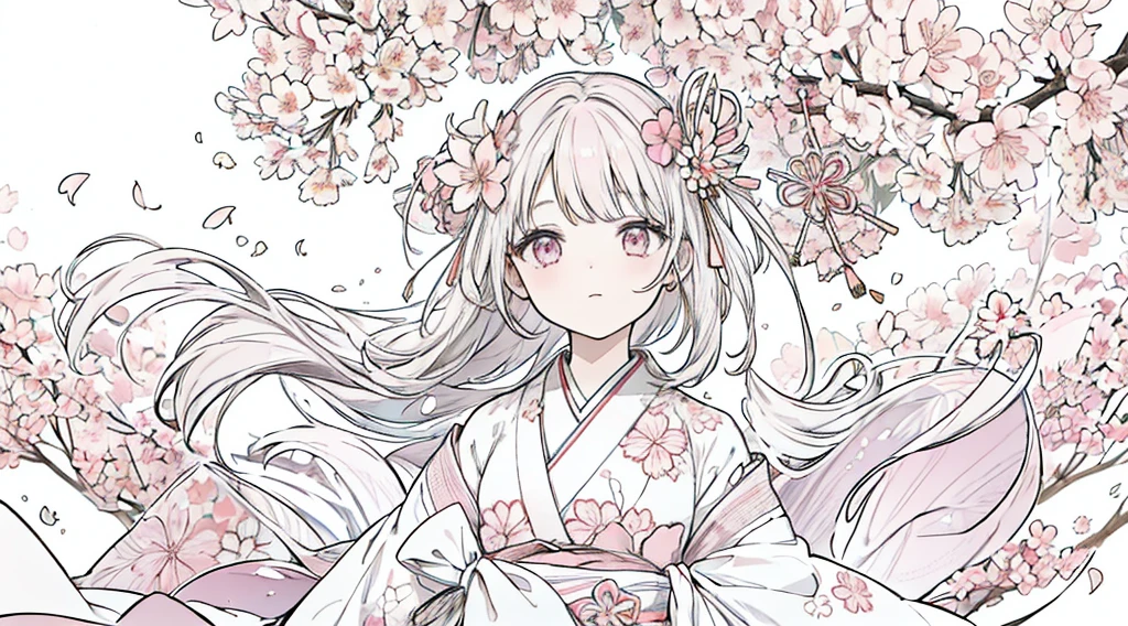 {{{masterpiece}}}, best quality, {extremely detailed}, ink splashing, sakura, sakura, {{{{{{{sakura surrounded}}}}}}}, sakura, flower, blossom, young girl, two side up, kimono, dress flowers, wind, white background, {{2d}}