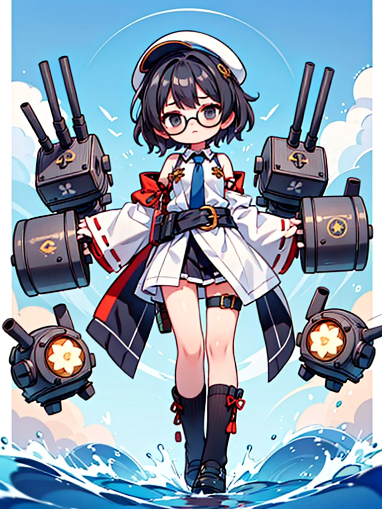 ((((Full body of a woman with perfect flat chest、solo、Short unkempt black hair、Tie your messy hair at the nape of your neck、white military jacket、Miko costume、tights、Black glasses、White military cap、Cloudy black eyes、Confused eyes、Junyo hair accessories)))), (((masterpiece))), (((Shipgirl))), ((Floating on the morning sea with both feet)), (Spread your legs wide open), (Hold the turret with your right hand), (Mechanical arms extending from the waist are used to equip the ship with battleship equipment.), (Equipped with a turret on the back), (Holds a triple turret on the left arm), Shotgun shells are attached to the thigh with a belt, Spreading the Machine's Wings, Machine tail, Holding a shotgun, Pussy, Nipples, 中出しされたPussy