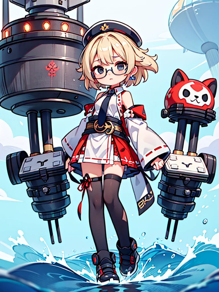 ((((Full body of a woman with perfect flat chest、solo、Short unkempt black hair、Tie your messy hair at the nape of your neck、white military jacket、Miko costume、tights、Black glasses、White military cap、Cloudy black eyes、Confused eyes、Junyo hair accessories)))), (((masterpiece))), (((Shipgirl))), ((Floating on the morning sea with both feet)), (Spread your legs wide open), (Hold the turret with your right hand), (Mechanical arms extending from the waist are used to equip the ship with battleship equipment.), (Equipped with a turret on the back), (Holds a triple turret on the left arm), Shotgun shells are attached to the thigh with a belt, Spreading the Machine's Wings, Machine tail, Holding a shotgun, Pussy, Nipples, 中出しされたPussy
