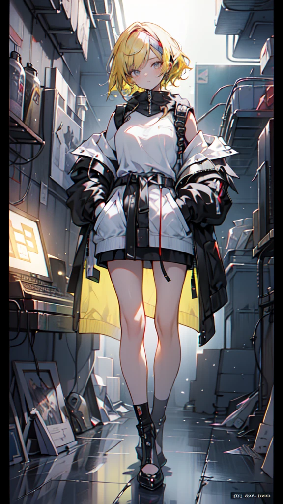 1 girl, short yellow hair, cyberpunk, Alice in Wonderland, black high heels, hand in pocket, best quality, 4k, 8k, highres, masterpiece:1.2, ultra-detailed, realistic, photorealistic, photo-realistic:1.37, HDR, UHD, studio lighting, ultra-fine painting, sharp focus, physically-based rendering, extreme detail description, professional, vivid colors, bokeh, concept art