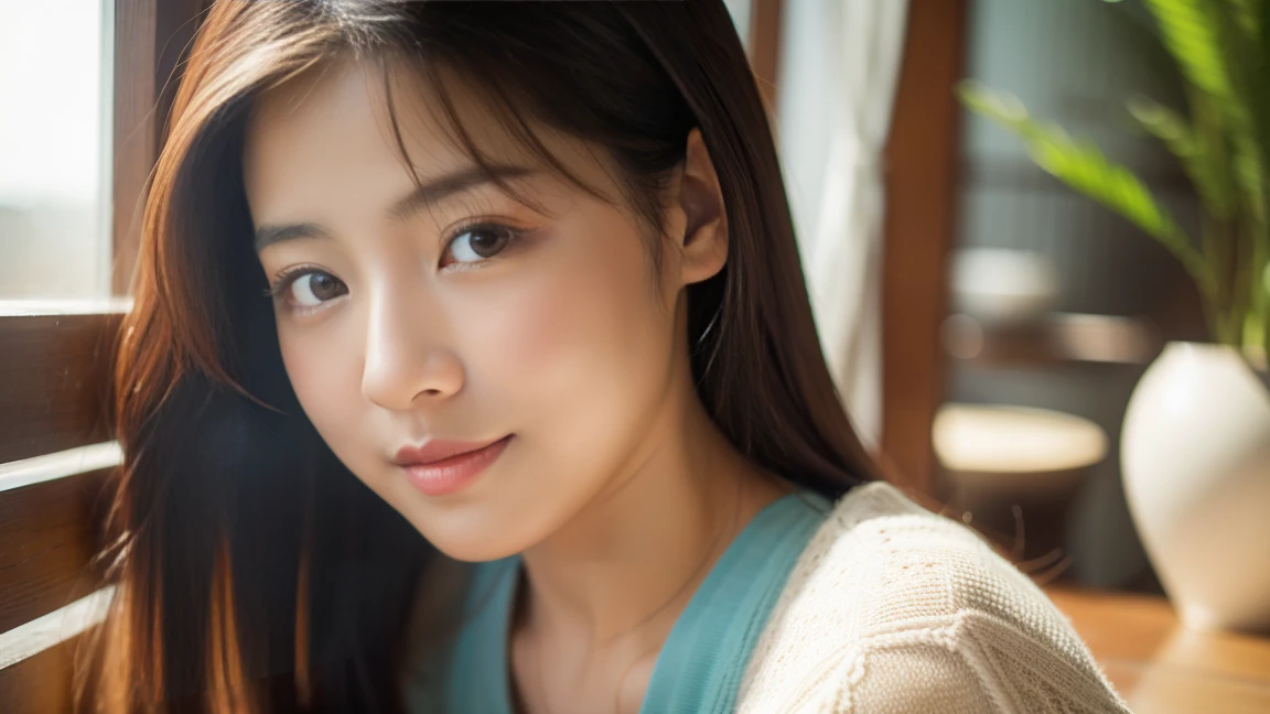 Ultra-realistic、High resolution、High resolution8Kフォトリアリスティック画像。Scenes of Japanese sisters who look completely different。My sister is big, Beautiful Face, Long black hair.、Kind eyes、Elegant atmosphere。my sister is short、Has short brown hair.、Lively expressions、She has a and big breasts、Wearing sexy casual clothes.。background, Warm natural light pours in from a cafe in Da Nang, Vietnam.。Both facial details are clearly visible.、If so、everyone'personality。Create photo book-like page layouts。Detailed expression of human skin texture:1.34