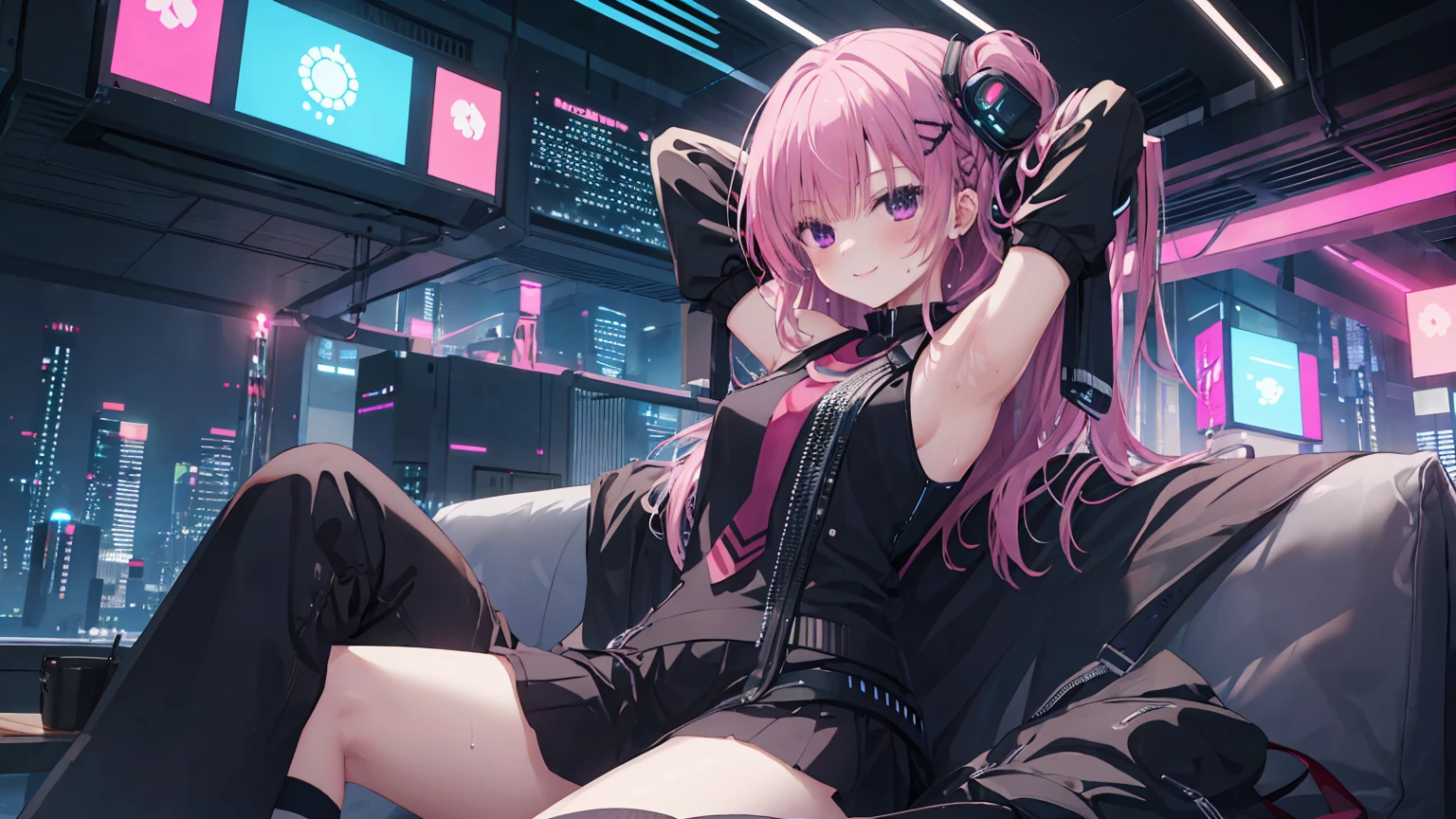 a girl,solo,Mitsukasa Aase,long pink hair,gentle,smile,medium-hair long,straight_hair,(((bare shoulders))),black skirt,black gloves,cyberpunk characters,night,night city background,Digital punk,anime style 4k,Sitting on the sofa,indoors,in bedroom,armpits,kneehighs,arms_up,kind_smile,blush,sleeveless,sweat,full_shot,