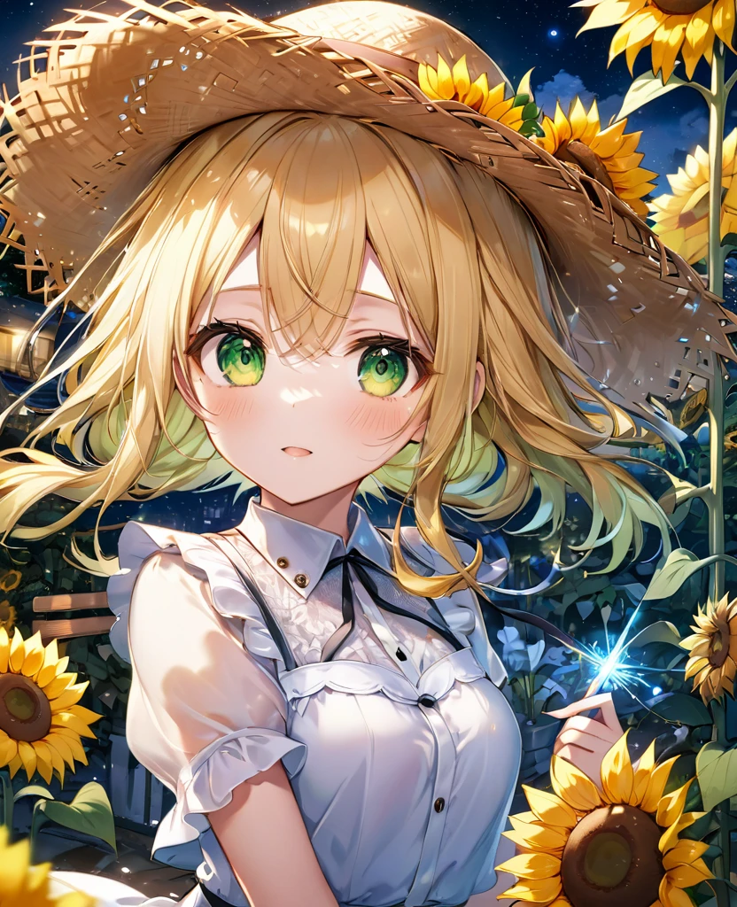 (masterpiece, best quality:1.2), (absurdres, highres, ultra-detailed), (perfect anatomy), 
e Girls、Straw hat、Lots of sunflowers、Blonde、Blue inner color、Fluffy longhair、Yellow-green eyes、Sparkling、night、Flower Garden

(8K, RAW photo:1.2),detailed face and eyes,intricate detail ,masterpiece ,sharp focus, high quality,BREAK,rating: general, newest