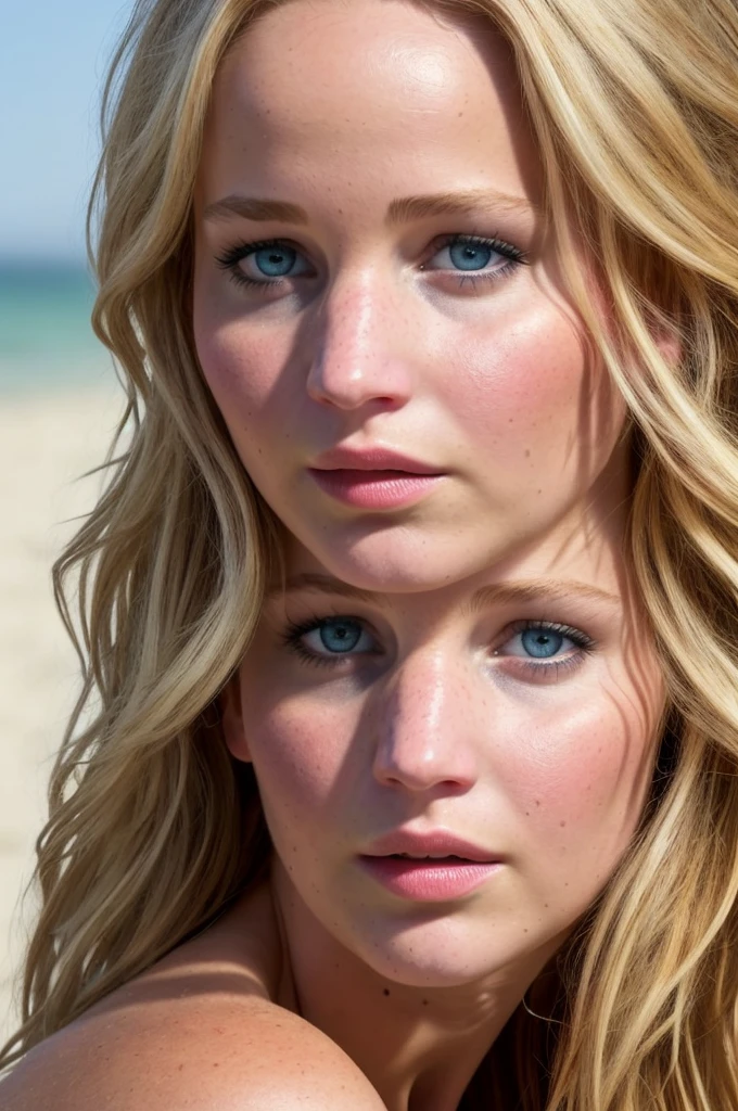 realistic photo, Jennifer lawrence,,full body,  realistic photo of  18yo girl wearing a bikini, blonde hair, beach,  (1girl), (extremely detailed CG unity 8k wallpaper), photo of the most beautiful artwork in the world, professional majestic (photography by Steve McCurry), 8k uhd, dslr, soft lighting, high quality, film grain, Fujifilm XT3 sharp focus, f 5.6, High Detail, Sharp focus, dramatic, (looking at viewer:1.2), (detailed pupils:1.3), (natural light),