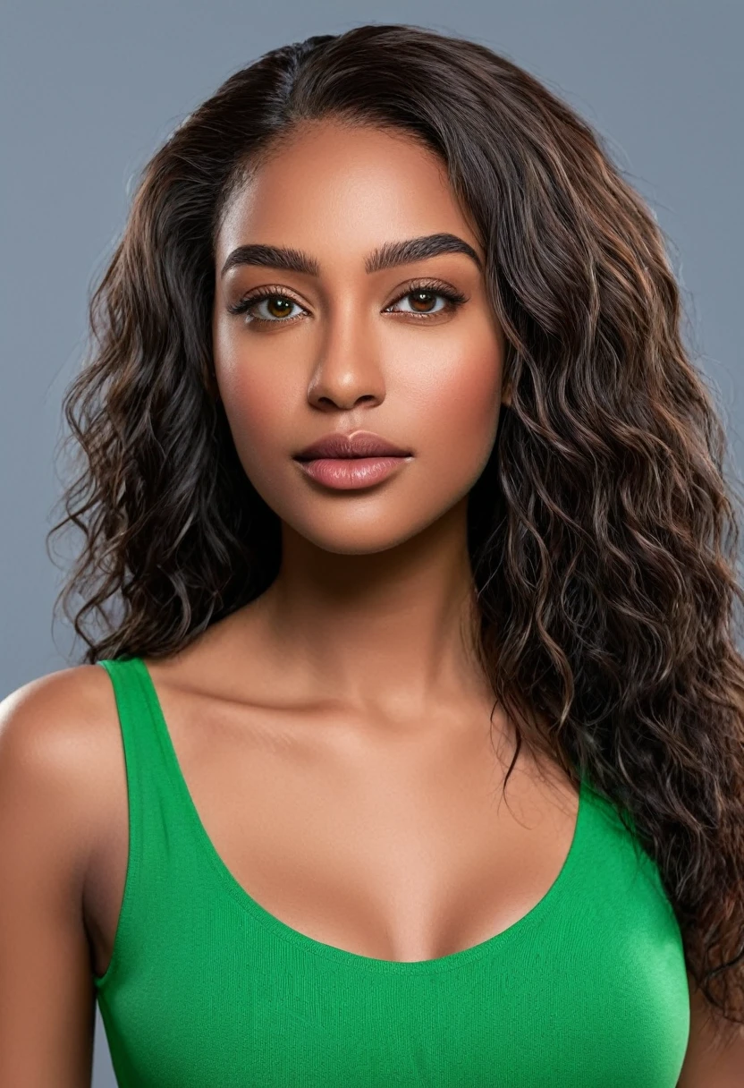 A beautiful woman, beautiful Latin face, young Brazilian Nyvi Estephan, Brazilian supermodel, serene and elegant beauty, Angolan descent, young adult 30 years old, nerdy woman, tall woman, a black woman stunning, with indigenous features, beautiful indigenous girl, native Brazilian, ((An indigenous African girl with European ebony)), ((her beauty is undeniable)), beautiful young ebony girl with dark skin, tanned Mexican, black highlighted hair brown, curly black hair with brown highlights, Voluminous black hair with brown highlights, vibrant and dynamic cut with soft waves can give a modern and stylish touch. She has an exotic beauty with beautiful green eyes, realistic green eyes, bright green eyes, ultra detailed green eyes, ultra realistic green eyes, natural green eyes, hyper realistic eyes, eyeliner, long eyelashes and a defined, penetrating look that conveys confidence, striking, powerful expression, strong presence, striking makeup, red lipstick, full lips, voluminous lips, seductive lips, captivating, striking, unforgettable, dazzling and mischievous smile, sexy, her features are captivating. beautiful and detailed face, detailed skin texture, perfect eyebrows that arch gracefully above the eyes, small nose that is proportionate to the face, and soft contour of the face that accentuates the high cheekbones. Beautiful and glowing skin, intricate details, smooth skin, healthy and radiant appearance, Attractive slim woman, Medium bust, athletic, slim waist, wide hips, big ass, thick thighs, legs shapely concept art. She wears a black sleeveless tank top and a long dark green skirt with butterflies printed on the skirt and high-heeled sandals. Urban photography, urban environment, Woman in shopping center, shopping mall background. 3D 4k, high resolution, full sharpness photo realistic, breathtaking, Lentille nette, Photographie professionnelle, Objectif 70mm, Unreal Engine 5, wallpaper,