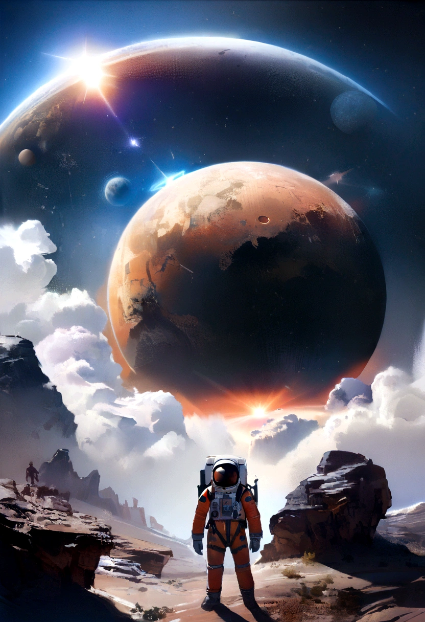 (best qualityer,4K,8K,A high resolution,work of art:1.2),(realisitic, fotorrealisitic, fotorrealisitic:1.37), astronaut floating in space, in the background we have a black hole and some stars, science fiction, Retro-futuristic technology,Starry fog,exploration,adventure,mystery,galactic environment,exalted,Heroin isolated,Interstellar travel,dramatic contrast,distant planets,majestic face,Sci-fi fashion,Smoke and fog effects,contrasting textures,timeless beauty