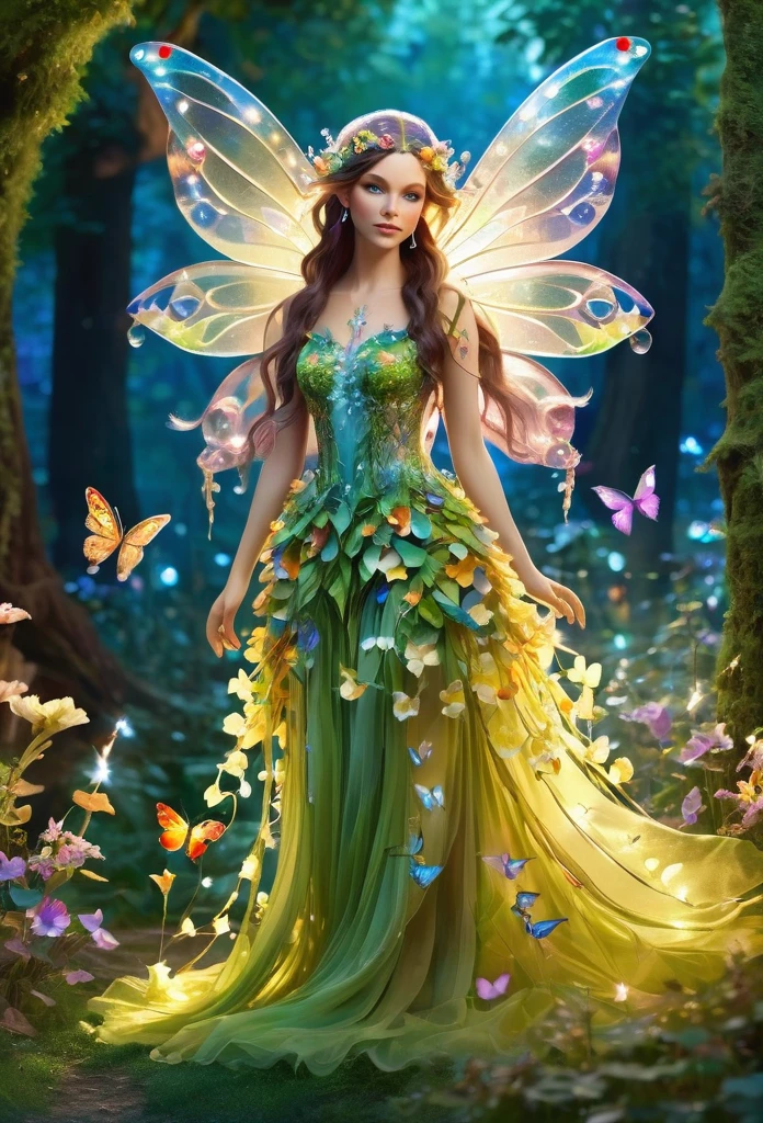 beautiful fairy,fully body, dress made of flower petals transparent, decorated with precious stones,dragonfly wings,elf ear,she walks in the forest,surrounded by flowers,her long hair decorated with flowers emanating lights,lighting the way,around you butterflies,high qualiy,work of art, magical scenery,refined details 