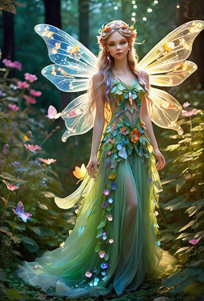 beautiful fairy,fully body, dress made of flower petals transparent, decorated with precious stones,dragonfly wings,elf ear,she walks in the forest,surrounded by flowers,her long hair decorated with flowers emanating lights,lighting the way,around you butterflies,high qualiy,work of art, magical scenery,refined details 