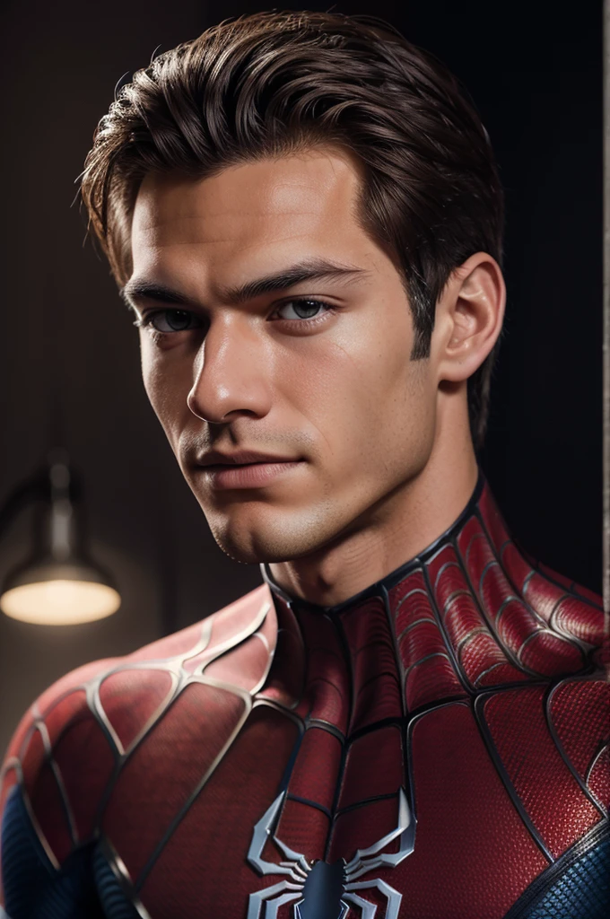 A photograph of spider man, no mask, 20 yo, handsome, detailed face, looking at camera, portrait, 8k uhd, high quality