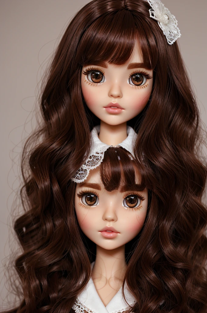 Create a blythedoll like me, characteristics of me;long curly dark red hair, dark brown eyes, fur;brunette fucking brunette, cute eyelashes, NO bangs, a white coat
