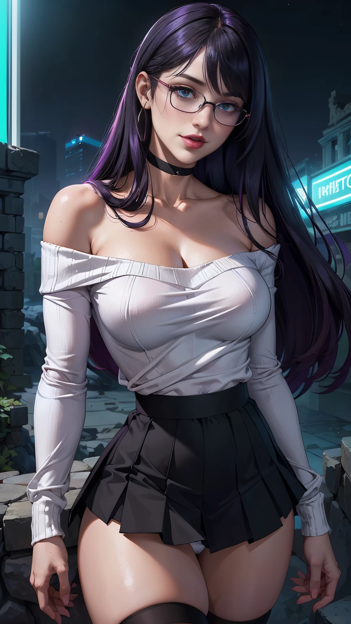 (Best quality, Ultra detailed, Masterpiece:1.2), 1girl, perfect face, female, gamer girl, (aqua eyes), (cherry-red lips), light smile, long black hair, purple streaked hair, purple highlights, bangs, choker, nerdy glasses, wearing headphones, white off-shoulder sweater, black skirt, thigh-highs, nighttime, neon lights in the background, colorful lights, (skirt lifted by itself: 1.1), (skirt lift: 1.3), (showing white panties: 1.3), (skirt lifted by itself: 1.1), (skirt lift: 1.3), (showing white panties: 1.3),(Fondo de ruinas de mazmorra en ruinas:1.4 ), (mostrando panties :1.4), ,(Fondo de ruinas de mazmorra en ruinas piedras grandes :1.4 )