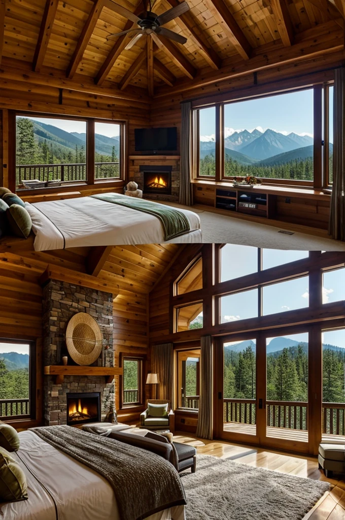 Dreamy mountain luxury bedroom furnitures fireplace glass outside green mountain