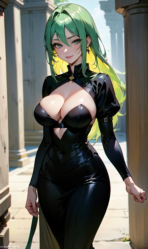 40-year-old woman with large breasts wearing a black costume from an ancient era while walking with a slight smile on her face with her lips covered in lipstick while her light green eyes shine,anime styling