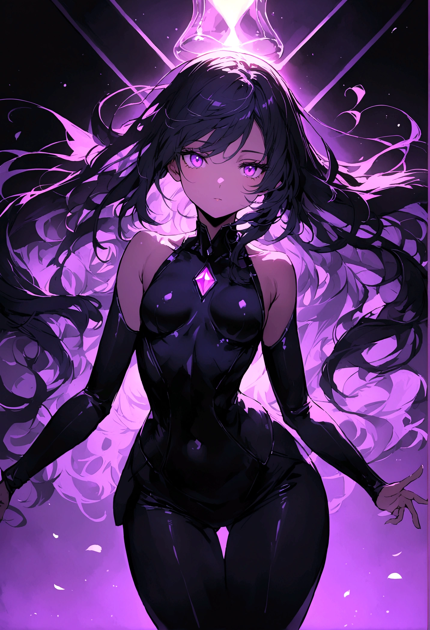 a 20-year-old female character, long wavy dark blue hair, violet eyes, Caucasian skin, hourglass style body.