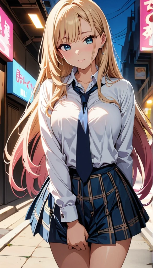 (highest quality:1.2, Anime artwork, Very detailed, High Detail, digital coloring, High Contrast, masterpiece:1.2, highest quality, Best aesthetics), (((kitagawa marin, 1 girl))), Black Hair, Straight long hair, Pink gradient hair, empty eyes, Earrings, White shirt, Black choker, Blue tie, Checked skirt, Pouting, slouch, Are standing, Cowboy Shot, bustling street, lift skirt myself,show panty