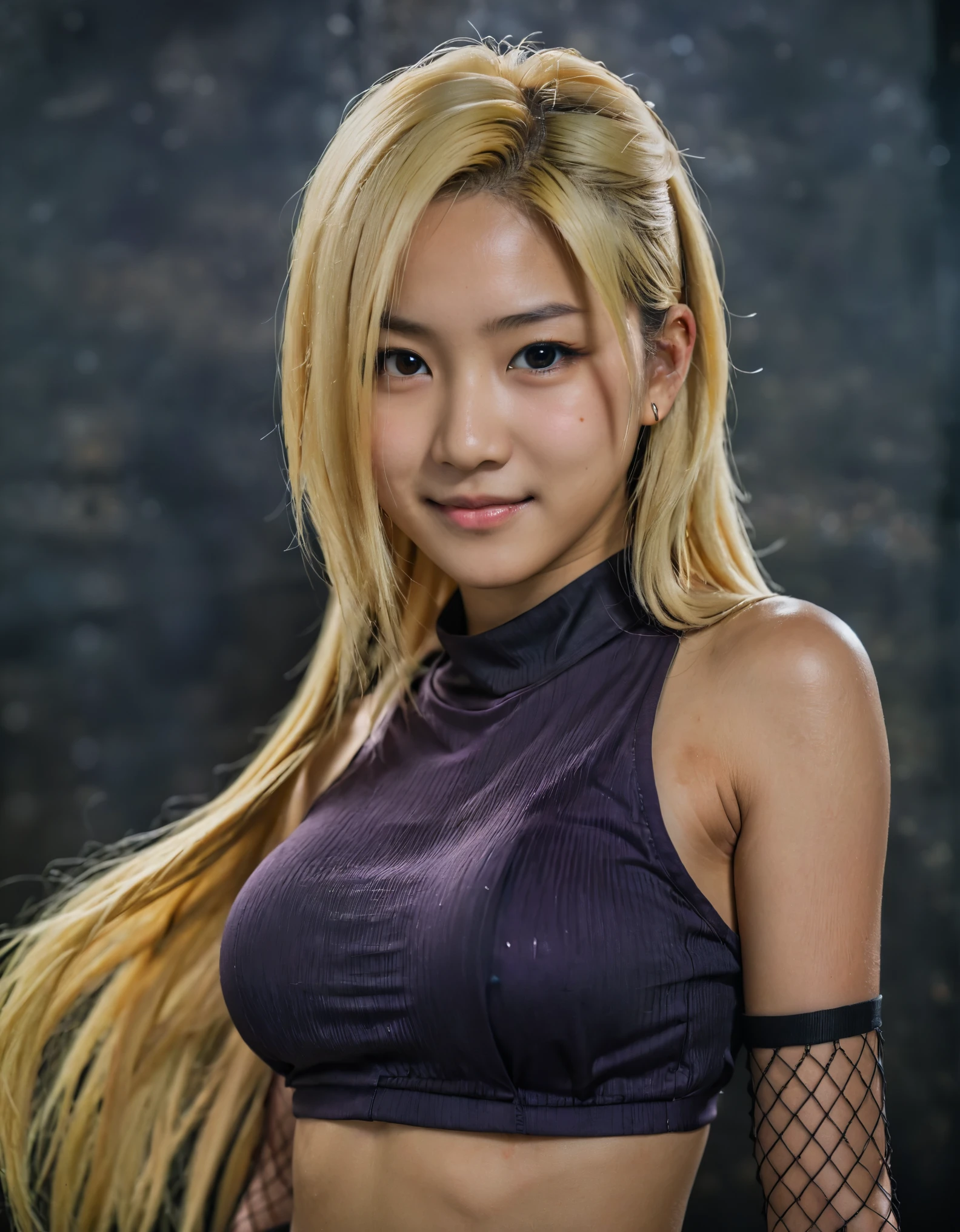 Portrait of a girl, , ino yamanaka from Naruto Shippuden, (highly detailed face:1.4) (smile:0.7) (background inside dark, moody, private study:1.3) POV, by lee jeffries, nikon d850, film stock photograph ,4 kodak portra 400 ,camera f1.6 lens ,rich colors ,hyper realistic ,lifelike texture, dramatic lighting , cinestill 800